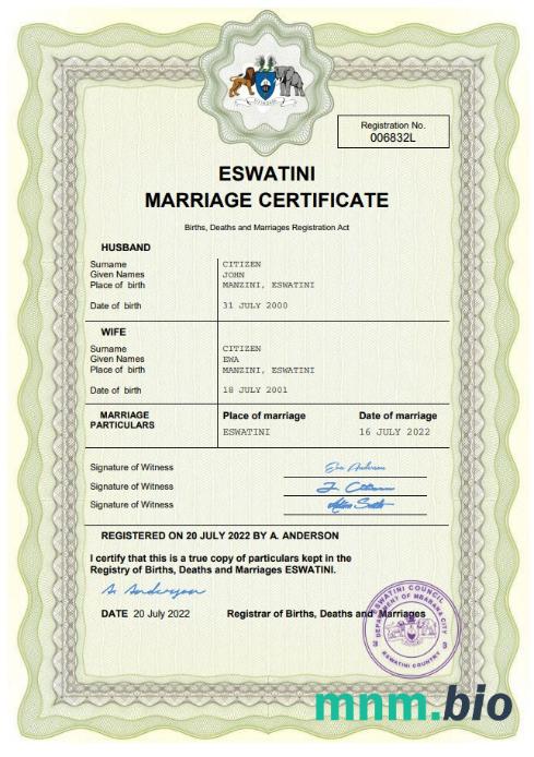 Eswatini akt małżeństwa Word i PDF szablon